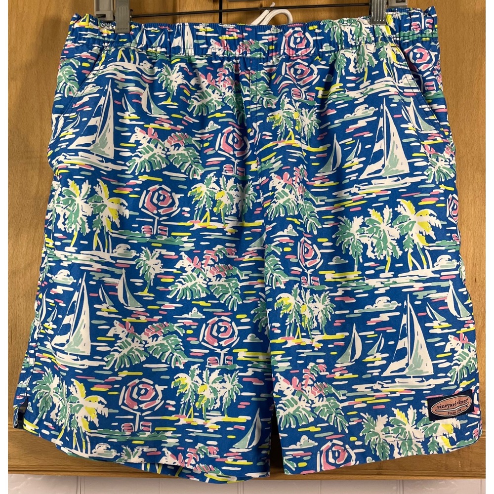 Vineyard Vines‎ Swim Trunks Mens Large Blue Tropical Sailboat Palm Tree Shorts